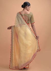 Buttermilk Beige Saree In Organza With Mirror Work And Moss Green Blouse Online - Kalki Online