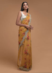 Butterscotch Yellow Saree In Organza With Floral Print And Embellished Scallop Cut Border Online - Kalki Fashion