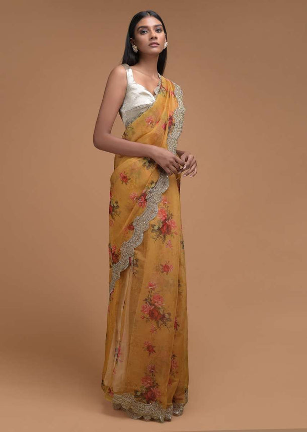 Butterscotch Yellow Saree In Organza With Floral Print And Embellished Scallop Cut Border Online - Kalki Fashion