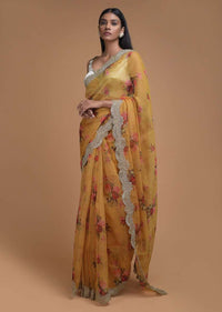 Butterscotch Yellow Saree In Organza With Floral Print And Embellished Scallop Cut Border Online - Kalki Fashion