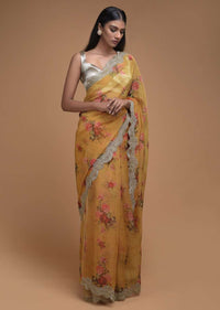 Butterscotch Yellow Saree In Organza With Floral Print And Embellished Scallop Cut Border Online - Kalki Fashion