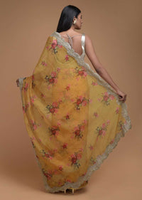 Butterscotch Yellow Saree In Organza With Floral Print And Embellished Scallop Cut Border Online - Kalki Fashion