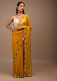 Butterscotch Yellow Saree In Organza With Hand Embroidered Moti And Cut Dana Work On The Border And Butti Design