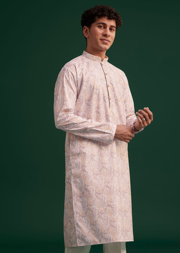 Beige Cotton Paisley Printed Kurta Set