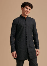 Black Cotton Textured Kurta Set