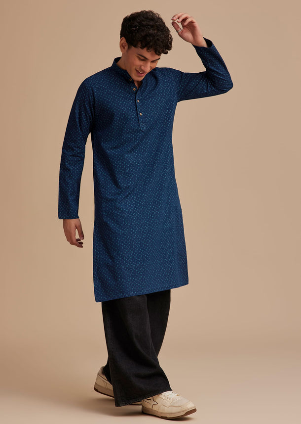 Blue Cotton Denim Micro Printed Kurta Set