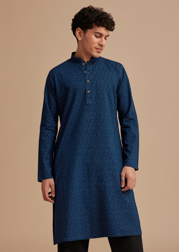 Blue Cotton Denim Micro Printed Kurta Set