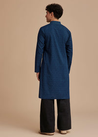 Blue Cotton Denim Micro Printed Kurta Set