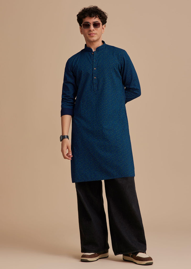 Blue Cotton Denim Printed Kurta Set