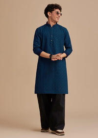 Blue Cotton Denim Printed Kurta Set