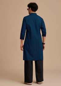 Blue Cotton Denim Printed Kurta Set