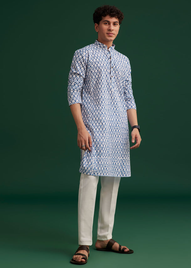 Blue Cotton Ikat Printed Kurta Set