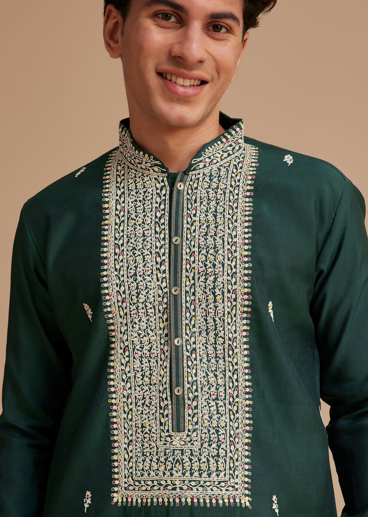 Bottle Green Silk Embroidered Kurta