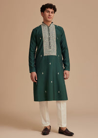 Bottle Green Silk Embroidered Kurta