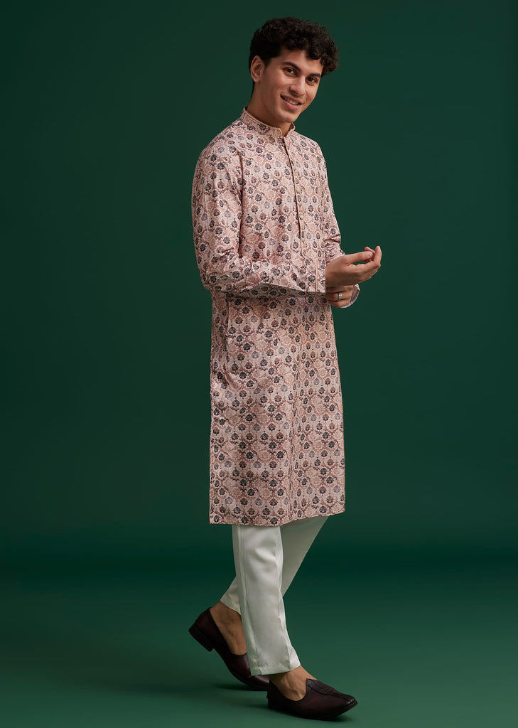 Brown Cotton Mughal Printed Kurta Set