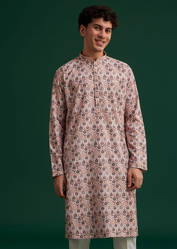 Brown Cotton Mughal Printed Kurta Set