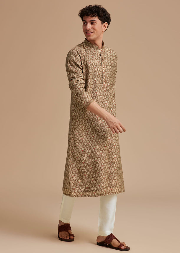 Brown Muslin Mughal Printed Kurta Set