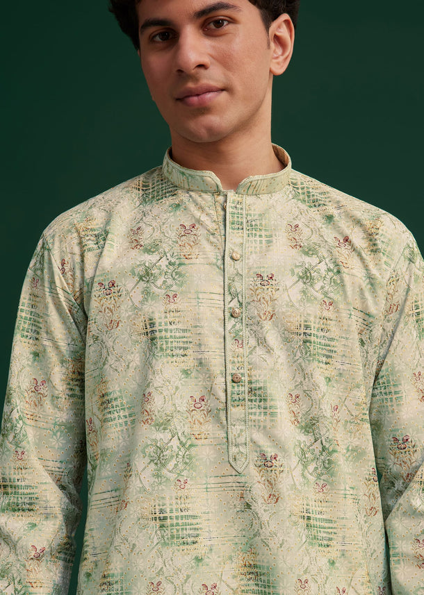 Green Cotton Floral Printed Kurta Set