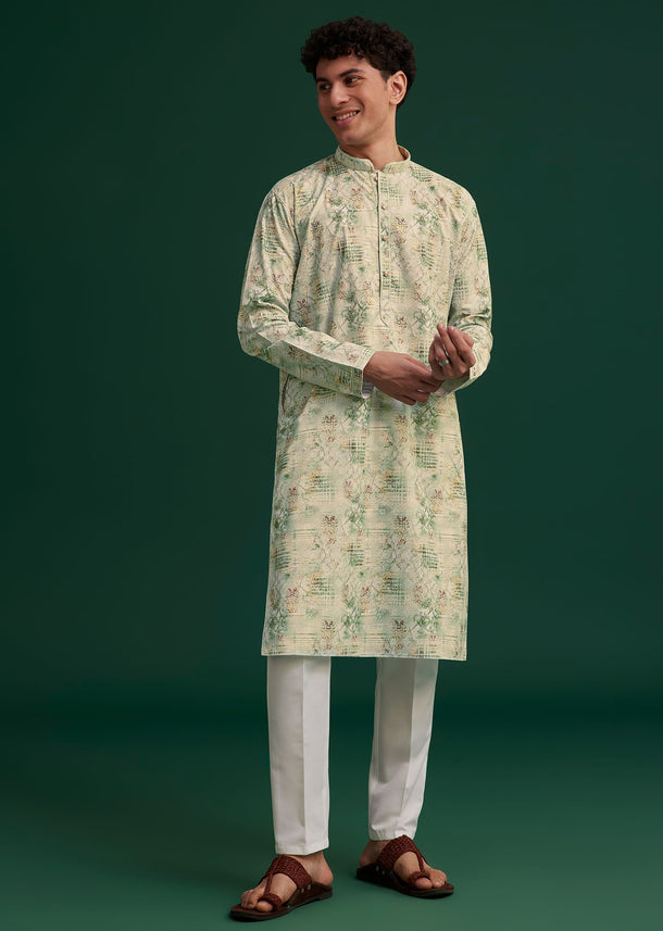 Green Cotton Floral Printed Kurta Set