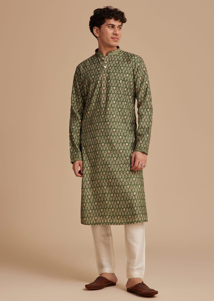 Green Muslin Mughal Printed Kurta Set