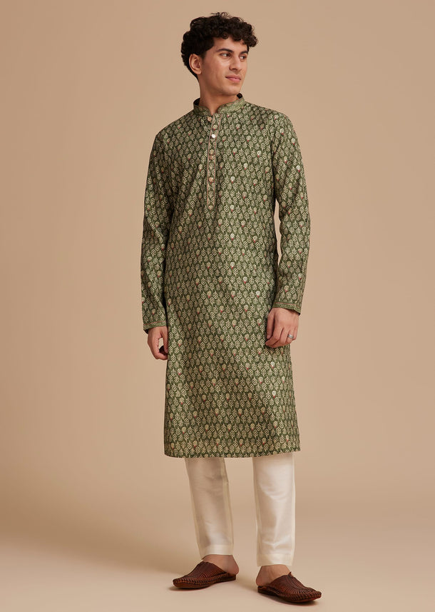 Green Muslin Mughal Printed Kurta Set