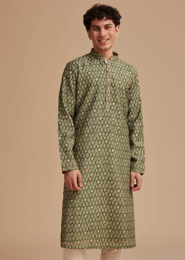 Green Muslin Mughal Printed Kurta Set