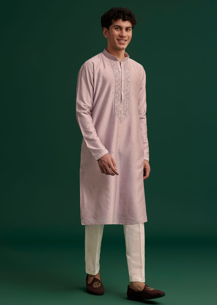 Lilac Silk Hand Embroidered Kurta Set