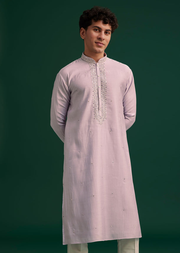 Lilac Silk Hand Embroidered Yoke Kurta Set