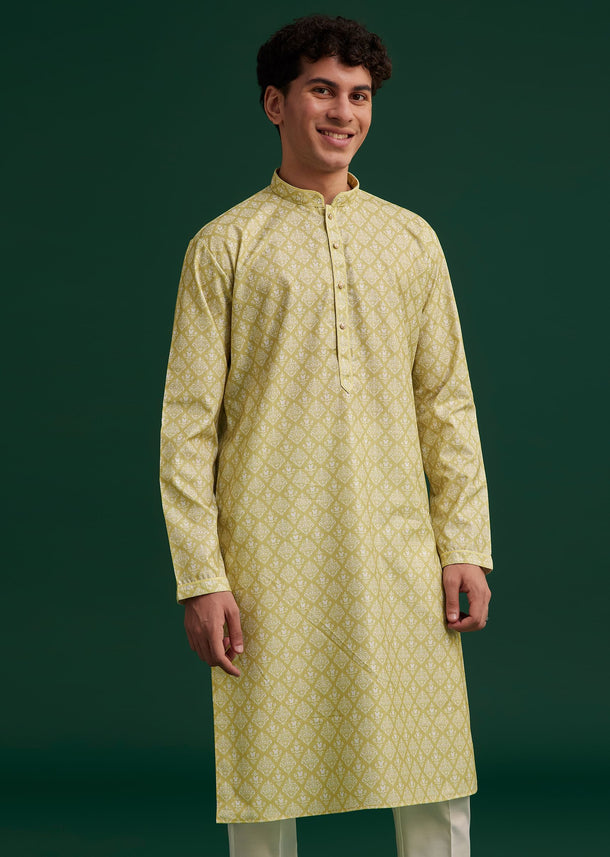 Mustard Yellow Cotton Geometric Printed Kurta Set