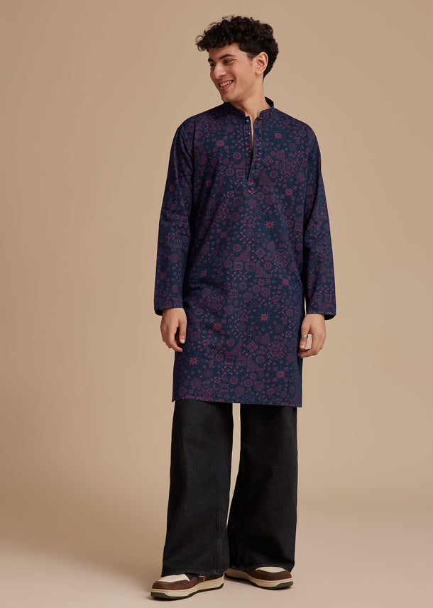 Navy Blue And Wine Cotton Denim Traditional Printed Kurta Set