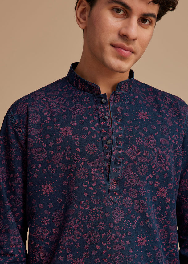 Navy Blue And Wine Cotton Denim Traditional Printed Kurta Set