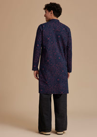 Navy Blue And Wine Cotton Denim Traditional Printed Kurta Set