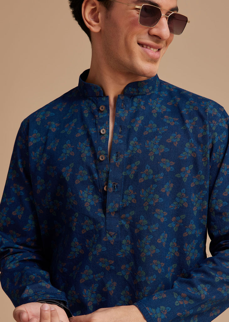 Navy Blue Cotton Botanical Printed Kurta Set