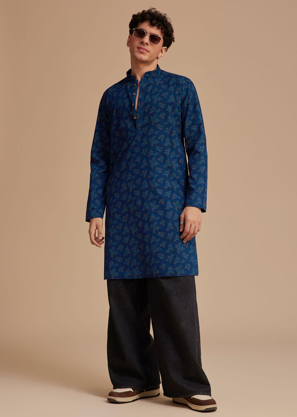 Navy Blue Cotton Botanical Printed Kurta Set