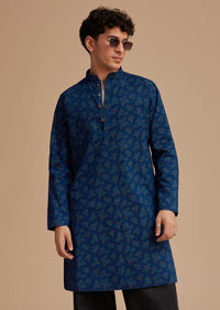 Navy Blue Cotton Botanical Printed Kurta Set