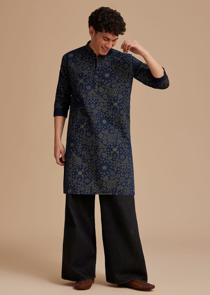 Navy Blue Cotton Denim Traditional Printed Kurta Set