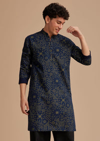 Navy Blue Cotton Denim Traditional Printed Kurta Set