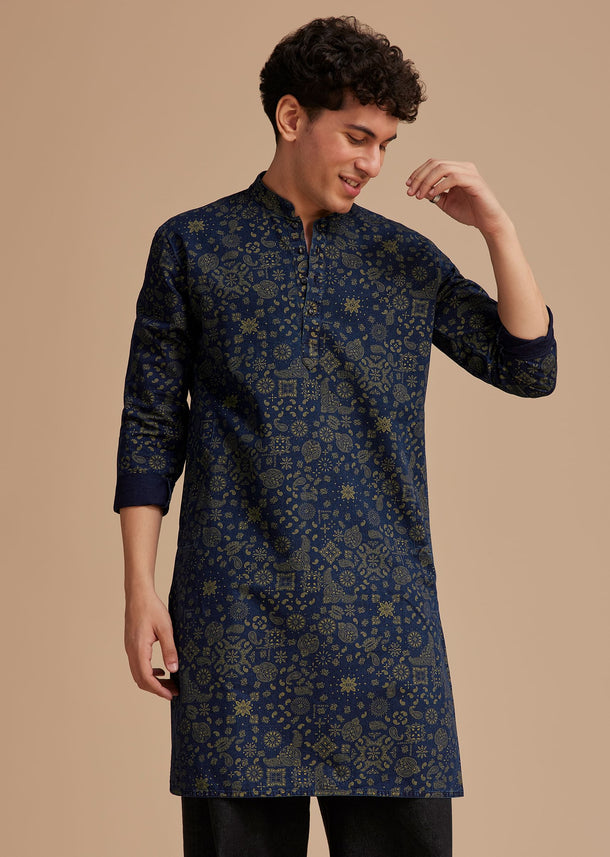 Navy Blue Cotton Denim Traditional Printed Kurta Set