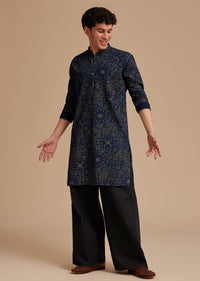 Navy Blue Cotton Denim Traditional Printed Kurta Set