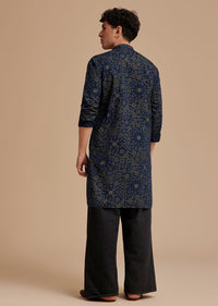 Navy Blue Cotton Denim Traditional Printed Kurta Set