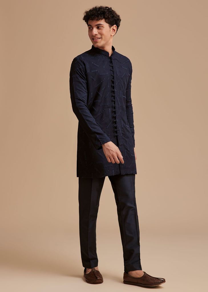 Navy Blue Cotton Textured Kurta Set