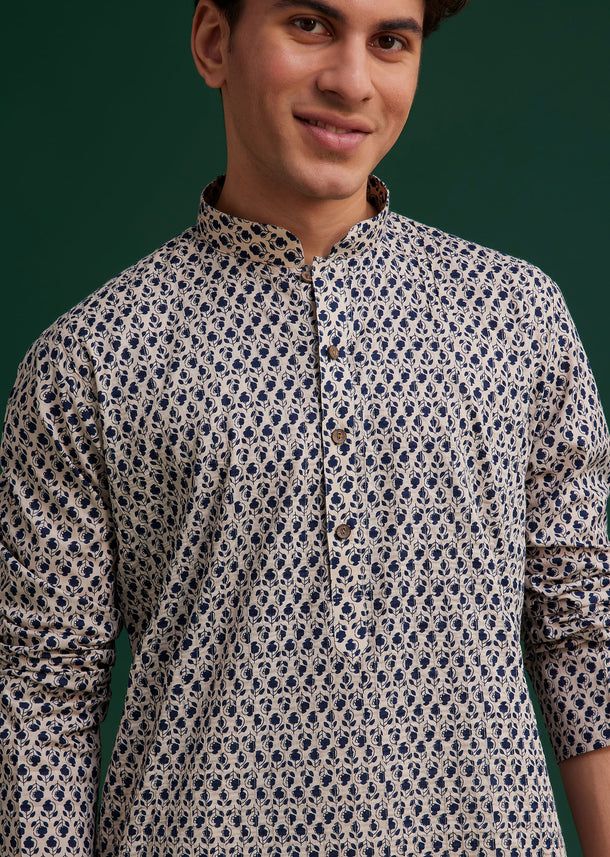 Navy Blue Jaipuri Cotton Block Printed Kurta Set