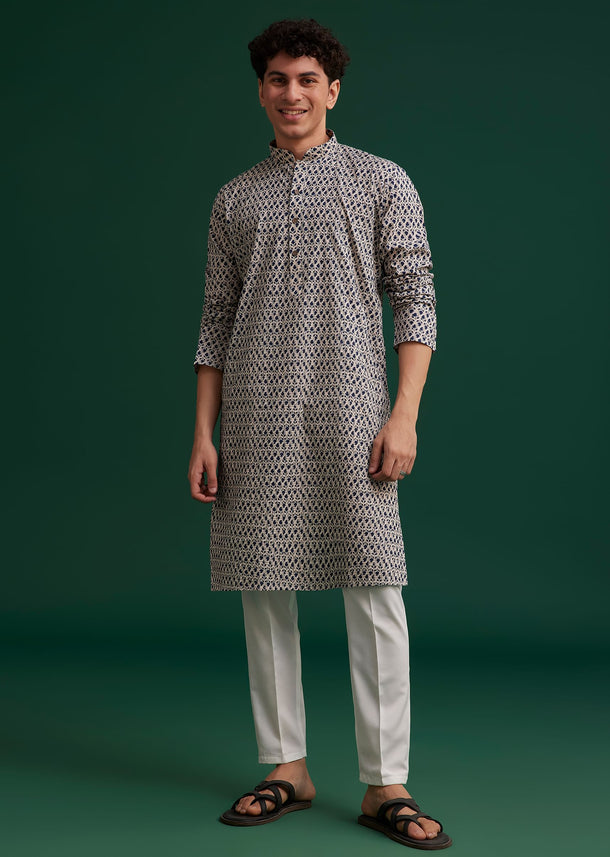 Navy Blue Jaipuri Cotton Block Printed Kurta Set