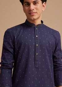 Navy Blue Jaipuri Cotton Linen Embroidered Kurta Set
