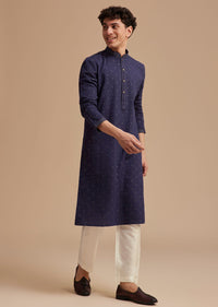 Navy Blue Jaipuri Cotton Linen Embroidered Kurta Set