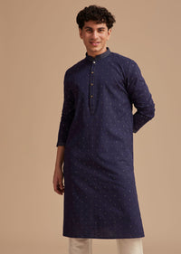 Navy Blue Jaipuri Cotton Linen Embroidered Kurta Set