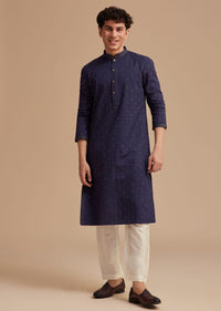 Navy Blue Jaipuri Cotton Linen Embroidered Kurta Set