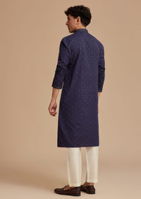 Navy Blue Jaipuri Cotton Linen Embroidered Kurta Set