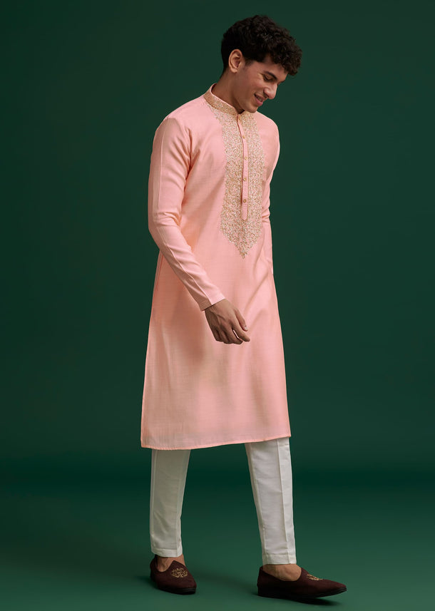 Peach Silk Hand Embroidered Yoke Kurta Set