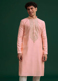 Peach Silk Hand Embroidered Yoke Kurta Set